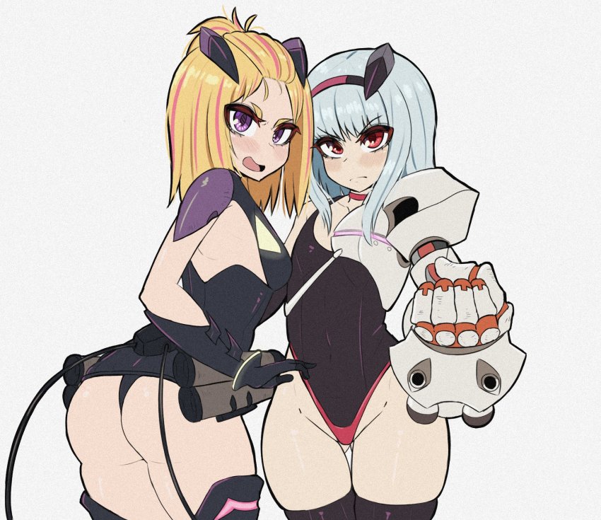 2girls ass black_leotard blonde_hair blue_hair blush breasts closed_mouth flip_flappers headgear highres leotard multicolored_hair multiple_girls open_mouth purple_eyes red_eyes red_hair simple_background small_breasts smile white_background yayaka yuyu_(flip_flappers)