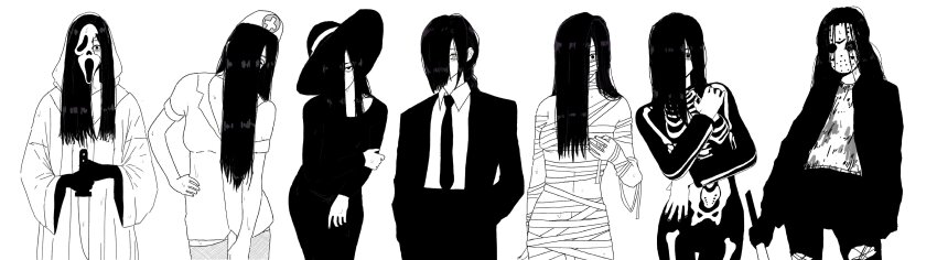 1girl absurdres bags_under_eyes black_bodysuit black_dress black_eyes black_gloves black_hair black_jacket black_necktie black_pants black_suit bodysuit braid broken_mask chainsaw_man commentary cosplay cowboy_shot dirty dirty_clothes dress english_commentary facing_viewer fishnet_thighhighs fishnets formal_clothes friday_the_13th ghost_girl ghostface gloves greyscale hair_over_one_eye halloween halloween_costume hands_in_pockets hands_on_own_arms hands_on_own_hips hat highres hockey_mask holding holding_knife holding_machete holding_weapon jacket jason_voorhees knife lineup long_hair long_sleeves looking_at_viewer machete makima_(chainsaw_man) mask messy_hair monochrome multiple_views mummy_costume necktie nurse nurse_cap pants print_bodysuit robe scream_(movie) short_sleeves sidelocks single_braid skeleton_costume skeleton_print solid_circle_eyes suit the_ring thighhighs torn_clothes torn_pants virtuware weapon wet white_robe wide_sleeves witch witch_hat yamamura_sadako