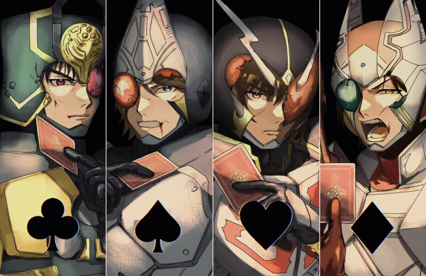 4boys aikawa_hajime armor black_armor black_background broken_helmet card clover club_(shape) commentary diamond_(shape) fingernails green_armor green_eyes heart highres kamen_rider kamen_rider_blade kamen_rider_blade_(series) kamen_rider_chalice kamen_rider_garren kamen_rider_leangle kamijou_mutsuki kenzaki_kazuma looking_at_viewer male_focus multiple_boys playing_card poker purple_eyes red_armor red_eyes ririri_000s sharp_fingernails silk spade_(shape) tachibana_sakuya_(kamen_rider_blade) trait_connection