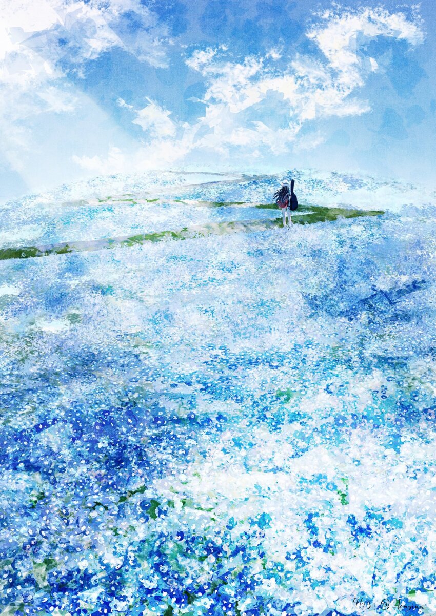 1girl alt_text black_hair blue_flower blue_sky cloud cloudy_sky commentary_request day field flower flower_field full_body guitar_case hat highres instrument_case kumagaya_nono long_hair original outdoors red_skirt scenery skirt sky solo standing white_hat wide_shot