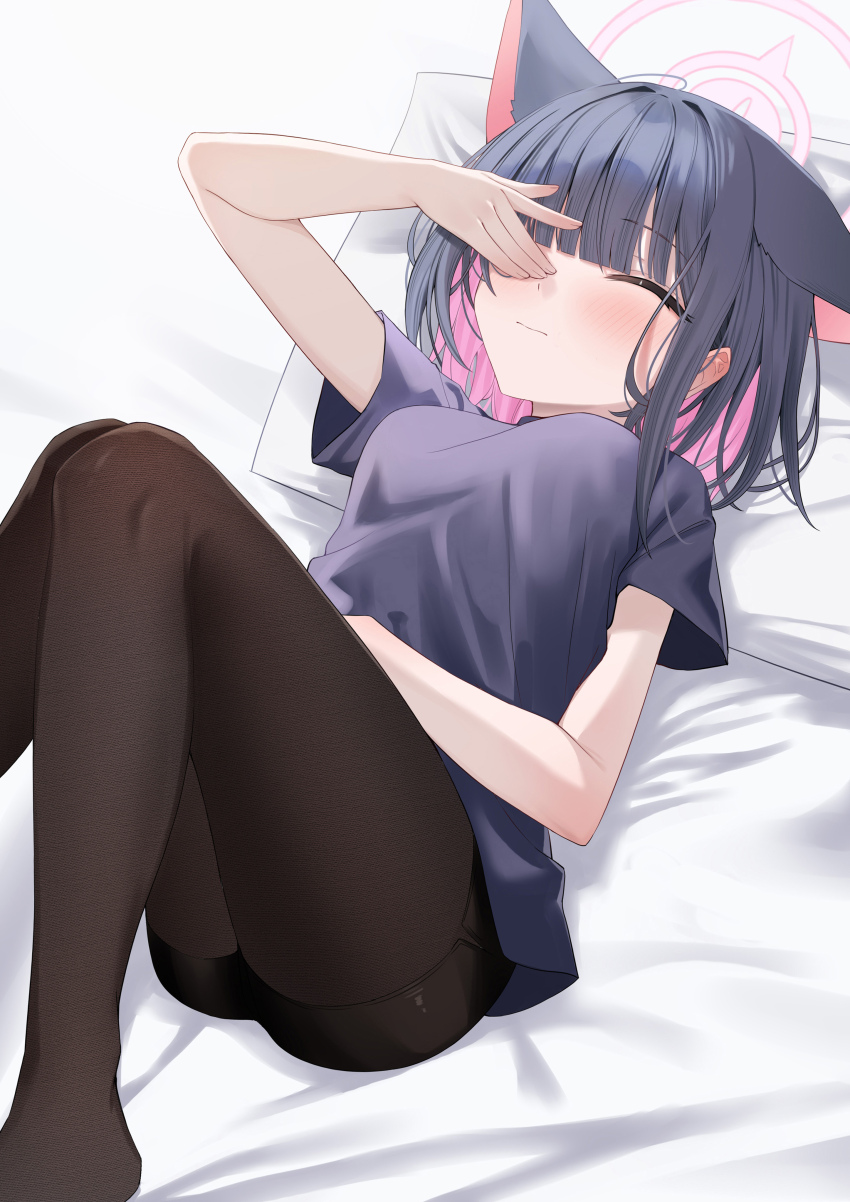 1girl absurdres alternate_costume animal_ears black_pantyhose black_shorts blue_archive blue_shirt blunt_bangs blush cat_ears cat_girl closed_eyes closed_mouth colored_inner_hair highres kazusa_(blue_archive) lying multicolored_hair on_back on_bed pantyhose rubbing_eyes shirt short_hair short_sleeves shorts solo t-shirt two-tone_hair wendao