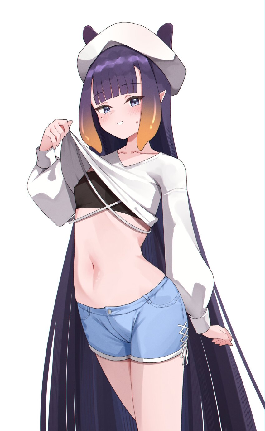 1girl absurdres beret black_tube_top blue_eyes blue_shorts blunt_bangs breasts clothes_lift commentary cropped_shirt english_commentary hat highres hololive hololive_english lifting_own_clothes long_hair navel ninomae_ina&#039;nis orange_hair pointy_ears purple_hair shirt shirt_lift short_shorts shorts simple_background skaarl_(artist) small_breasts solo strapless tentacle_hair tube_top very_long_hair virtual_youtuber white_background white_shirt