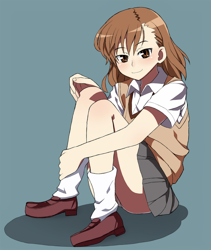 10s 1girl 2009 bare_legs blush brown_eyes brown_hair female_focus full_body grey_background highres knees_to_chest looking_at_viewer loose_socks matching_hair/eyes miniskirt misaka_mikoto nanakura_nanane panties pantyshot school_uniform short_hair sitting skirt smile socks solo thick_thighs thighs toaru_kagaku_no_railgun toaru_majutsu_no_index tokiwadai_school_uniform underwear white_panties white_socks