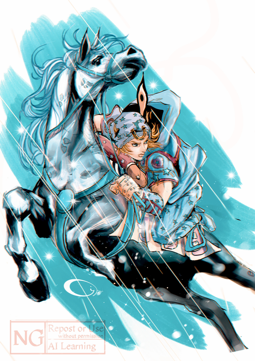 1boy 667dh absurdres arm_warmers beanie blonde_hair blue_eyes blue_hoodie blue_pants chromatic_aberration commentary_request feathers grey_hat hat heart_ornament highres holding holding_reins hood hood_down hoodie horse horseback_riding horseshoe_hat_ornament horseshoe_ornament johnny_joestar jojo_no_kimyou_na_bouken male_focus pants reins riding saddlebags short_sleeves slow_dancer_(jojo) solo star_(symbol) star_print steel_ball_run