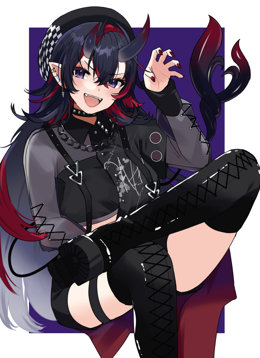 1girl absurdres asymmetrical_clothes asymmetrical_horns black_boots black_choker black_hat black_horns black_shorts blush boots breasts chain chain_necklace choker claw_pose collared_shirt commentary_request crop_top crossed_bangs demon_girl demon_horns demon_tail earrings figure_four_sitting fingernails flipped_hair foot_out_of_frame gradient_horns grey_shirt hat highres horns jewelry lace-up_boots layered_sleeves long_hair long_sleeves looking_at_viewer medium_breasts multicolored_hair multicolored_horns multiple_earrings nanashi_inc. necklace official_alternate_costume pointy_ears purple_background purple_eyes red_hair red_horns red_nails ryugasaki_rene ryugasaki_rene_(4th_costume) shirt short_over_long_sleeves short_sleeves shorts sitting smile solo streaked_hair studded_choker suspender_shorts suspenders tail thigh_boots two-tone_background two-tone_hair uneven_horns very_long_hair virtual_youtuber white_background zono_(inokura_syuzo029)