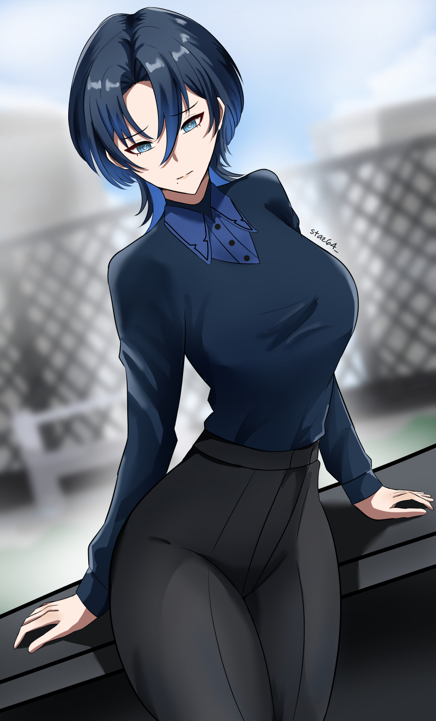 1girl absurdres alternate_breast_size artist_name black_hair black_pants black_sweater blue_eyes blue_hair blue_shirt chain-link_fence closed_mouth collared_shirt colored_inner_hair day fence gradient_hair high-waist_pants highres hiodoshi_ao hiodoshi_ao_(1st_costume) hololive hololive_dev_is looking_at_viewer multicolored_hair outdoors pants shirt solo staz64 sweater sweater_tucked_in v-neck virtual_youtuber
