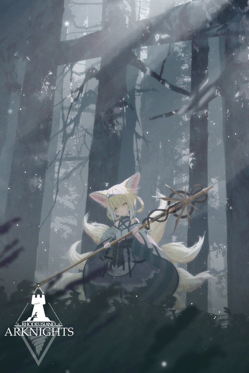 1girl absurdres animal_ear_fluff animal_ears arknights black_vest blonde_hair blue_hairband braid braided_hair_rings cape colored_inner_animal_ears dress film_grain forest fox_ears frilled_dress frills green_eyes grey_cape hair_rings hairband highres holding holding_staff kitsune kyuubi light_particles light_rays looking_at_viewer material_growth medium_hair multiple_tails nature oripathy_lesion_(arknights) pantyhose pouch prezonya46 rhodes_island_logo_(arknights) solo staff striped_cape suzuran_(arknights) tail tree vest white_dress white_pantyhose