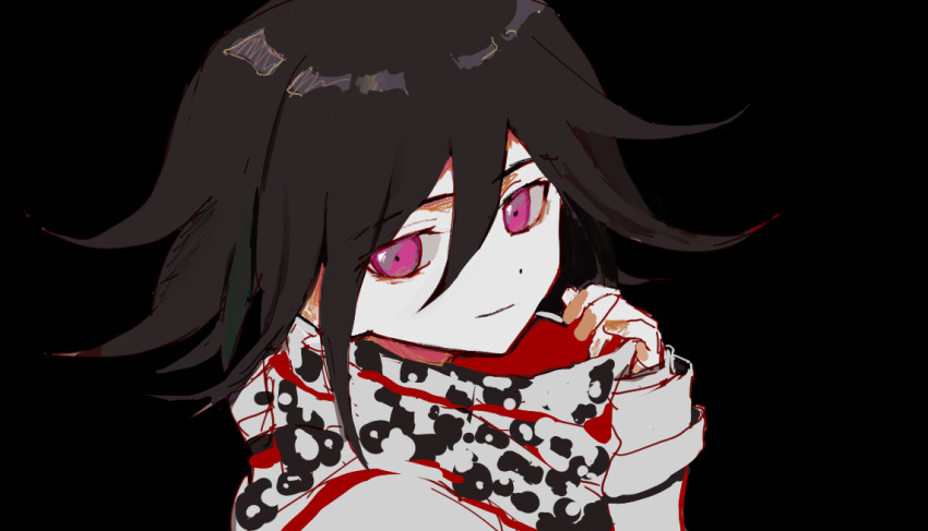 1boy black_hair black_neckerchief closed_mouth danganronpa_(series) danganronpa_v3:_killing_harmony flipped_hair grey_neckerchief hair_between_eyes hairstarfish jacket long_sleeves looking_at_viewer male_focus neckerchief oma_kokichi pink_eyes portrait red_neckerchief short_hair simple_background smile