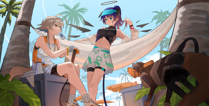 2girls absurdres ahoge arknights beach bike_shorts black_horns black_shorts blue_eyes blue_hair blue_sky bracelet brown_hair closed_mouth commentary dark_halo detached_wings energy_wings english_commentary fallen_angel gloves hair_between_eyes halo highres horns jewelry long_hair mayer_(arknights) mostima_(arknights) multiple_girls navel northkiyou orange_gloves outdoors ponytail print_skirt racket rash_guard shorts sitting skirt sky socks sportswear tank_top tennis_racket tennis_skirt tennis_uniform traditional_halo tree two-tone_gloves white_gloves white_skirt white_socks white_tank_top wings