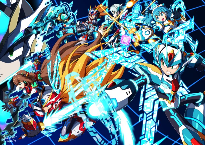 3girls 5boys absurdres arm_cannon axl_(mega_man) blonde_hair blue_eyes blue_hair clenched_teeth dated dive_armor_x_(mega_man) energy_gun energy_sword energy_wings forehead_jewel green_eyes group_picture gun helmet highres holding holding_gun holding_sword holding_weapon ico_(megaman_x_dive) innovator123 iris_(mega_man) long_hair machine_gun mega_man_(series) mega_man_battle_network_(series) mega_man_x_(series) mega_man_x_dive megaman.exe multiple_boys multiple_girls netnavi rico_(mega_man) signature sword teeth trait_connection weapon white_helmet x_(mega_man) z_saber zero_(mega_man)