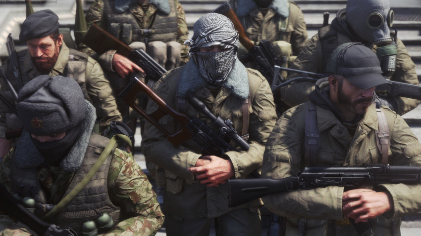 2boys 5others ak-74 ak-74m akm aks-74 ambiguous_gender ammunition ammunition_pouch assault_rifle backpack bag balaclava baseball_cap beret black_eyes black_mask brown_facial_hair call_of_duty call_of_duty_4 camouflage camouflage_jacket commentary covered_face daewoo_k2 english_commentary explosive facial_hair facing_away finger_on_trigger folding_stock fur_collar fur_hat gas_mask green_headwear grenade grey_fur grey_headwear grey_vest gun hat hat_ornament head_out_of_frame highres imi_galil jacket kalashnikov_rifle kaymanovite keffiyeh light_machine_gun load_bearing_vest long_sleeves looking_down machine_gun mask military_jacket multiple_boys multiple_others mustache optical_sight own_hands_together pocket pouch realistic red_star rifle rpk russia short_hair sniper_rifle star_(symbol) star_hat_ornament straight-on strap ultranationalist upper_body ushanka very_short_hair vest vss_vintorez weapon