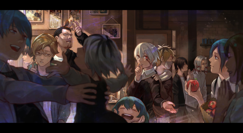 4girls 6+boys absurdres animal anti-eyebrow_piercing apple banjou_kazuichi beard bird black_hair black_jacket black_sweater blue_eyes blue_hair book bow brown_hair brown_legwear coffee_mug commentary_request cup disposable_cup eye_piercing face_piercing facial_hair food fruit fueguchi_hinami glasses grey_eyes hair_bow hand_on_shoulder heterochromia highres holding holding_food holding_fruit holding_person indoors jacket kaneki_ichika kaneki_ken kirishima_ayato kirishima_touka kyuuba_melo letterboxed looking_at_another looking_at_viewer mask medium_hair mouth_mask mug multicolored_hair multiple_boys multiple_girls nagachika_hideyoshi nishio_nishiki out_of_frame photo_(object) piercing pink_bow purple_hair red_eyes scar shirt short_hair smile sweater teeth tokyo_ghoul tokyo_ghoul:re tsukiyama_shuu two-tone_hair upper_teeth_only urie_kuki white_hair white_shirt yomo_renji yonebayashi_saiko