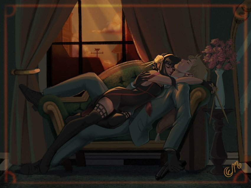 1boy 1girl bare_shoulders black_dress black_hair blonde_hair breasts cleavage closed_eyes couch couple cuddling dagger dress earrings eveningmoonbeam flower formal_clothes gloves gold_earrings gold_hairband green_suit hair_ornament hairband head_on_chest hetero highres holding holding_dagger holding_knife holding_weapon husband_and_wife jewelry knife large_breasts long_hair long_sleeves lying_on_person pectoral_pillow shirt short_hair sidelocks sleeping sleeping_on_person smile spy_x_family stiletto_(weapon) suit twilight_(spy_x_family) two-sided_dress two-sided_fabric weapon yor_briar