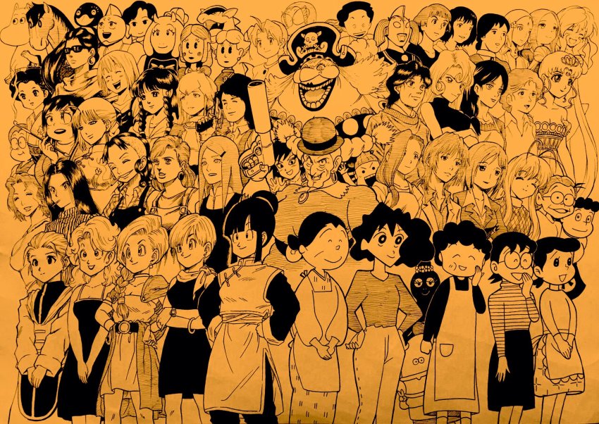 6+girls ^_^ ahoge annotation_request arm_up barbapapa battle_tendency bellemere bianca_(dq5) bird bishoujo_senshi_sailor_moon blush_stickers bowler_hat braid breasts bulma character_request charlotte_linlin chi-chi_(dragon_ball) chibi_maruko-chan chinese_clothes cigarette cleavage cleft_chin closed_eyes commentary_request copyright_request crayon_shin-chan crescent crescent_facial_mark crossover delia_ketchum dola_(laputa) doraemon double_bun dr._slump dragon_ball dragon_quest dragon_quest_v dragonball_z dress earrings eureka_(eureka_seven) facial_mark fullmetal_alchemist gen_1_pokemon gine gintama glasses gun gundam hair_bun hair_ornament hairclip handgun hands_on_own_face hat highres holding holding_smoking_pipe hoop_earrings horns horse hunter_x_hunter ikari_yui ink_(medium) isono_fune jewelry jojo_no_kimyou_na_bouken kaname_junko kangaskhan karakai_jouzu_no_(moto)_takagi-san karakai_jouzu_no_takagi-san kouka_(gintama) kuujou_holly lee_(dragon_garou) lipstick lisa_(ponyo) lisa_lisa mahou_shoujo_madoka_magica mahou_shoujo_madoka_magica_(anime) makeup mature_female mito_freecss monochrome moomin moominmamma multiple_crossover multiple_girls naruto_(classic) naruto_(series) neckerchief neon_genesis_evangelion nintendo nobi_tamako nohara_misae old old_woman one_piece open_mouth osomatsu-kun osomatsu-san osomatsu_(series) penguin pirate_hat pokemon pokemon_(anime) pokemon_(creature) project_arms queen_serenity sakura_sumire saotome_nodoka sazae-san short_hair sidelocks single_braid single_hair_bun smile smoke smoking_pipe stardust_crusaders strapless strapless_dress sweater takatsuki_misa tenkuu_no_shiro_laputa tiara toriel traditional_media trait_connection trisha_elric twin_braids twintails ultra_series ultraman_tarou_(series) undertale urameshi_atsuko uzumaki_kushina wavy_hair weapon wrinkled_skin yamabuki_midori yellow_theme yuu_yuu_hakusho