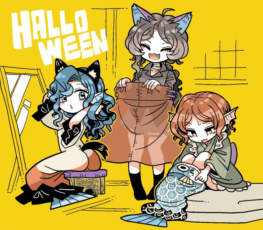 3girls ahoge animal_ears black_shirt black_socks blue_eyes blue_hair brown_hair cloak closed_eyes cosplay costume_switch dress fang fins green_kimono halloween head_fins imaizumi_kagerou imaizumi_kagerou_(cosplay) japanese_clothes kimono long_hair long_sleeves mermaid monster_girl multiple_girls open_mouth red_cloak red_eyes red_hair sekibanki sekibanki_(cosplay) shirt short_hair smile socks tail touhou wakasagihime wakasagihime_(cosplay) white_dress wide_sleeves wolf_ears wolf_tail yt_(wai-tei)