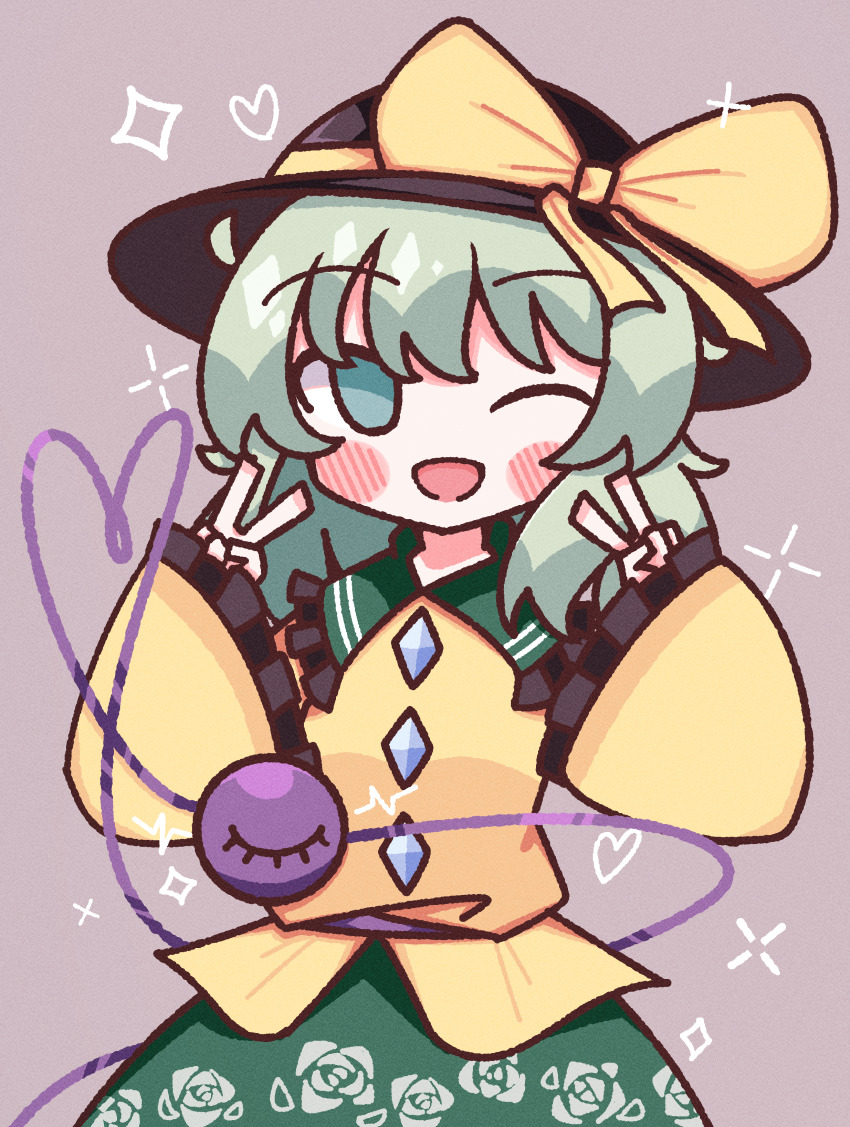 1girl ;d absurdres black_hat blush bow buttons diamond_button double_v floral_print frilled_shirt_collar frilled_sleeves frills green_eyes green_hair green_skirt hair_between_eyes hat hat_bow heart heart_of_string highres komeiji_koishi light_green_hair long_sleeves looking_at_viewer medium_hair one_eye_closed open_mouth rose_print shirt simple_background skirt smile solo star_(symbol) third_eye touhou v waroemon yellow_bow yellow_shirt