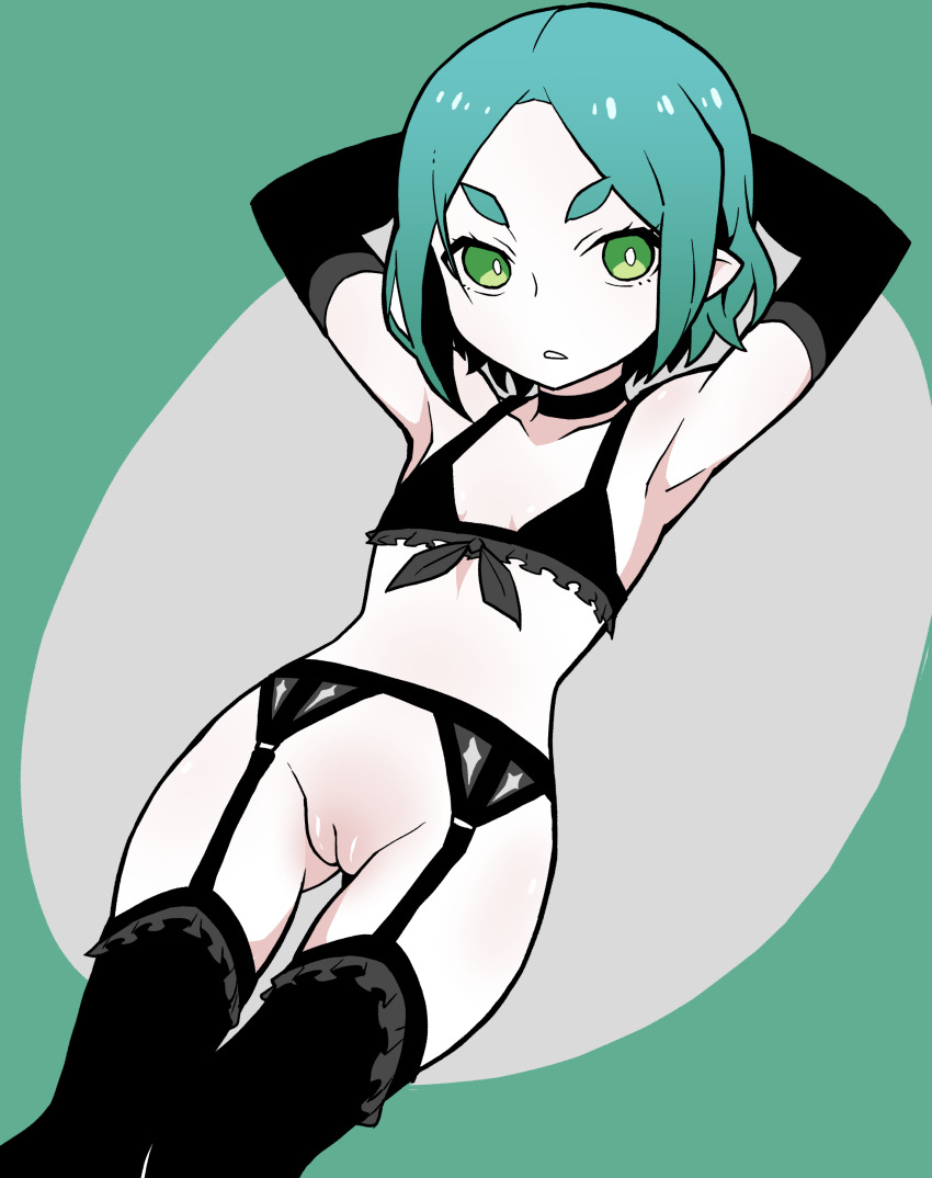 1girl absurdres akableak aqua_background aqua_hair armpits arms_behind_back bare_shoulders black_bra black_choker black_gloves black_thighhighs bob_cut bra bright_pupils choker cleft_of_venus collarbone cowboy_shot elbow_gloves expressionless eyelashes flat_chest frilled_bra frilled_thighhighs frills from_above from_side garter_belt garter_straps gloves gluteal_fold green_eyes grey_background highres hikimayu looking_at_viewer looking_to_the_side looking_up lying midriff monogatari_(series) nademonogatari no_panties official_alternate_hair_length official_alternate_hairstyle on_back ononoki_yotsugi oval_background pale_skin parted_bangs parted_lips petite pointy_ears pussy short_eyebrows short_hair solo thick_eyebrows thigh_gap thighhighs two-tone_background underwear wavy_hair white_pupils