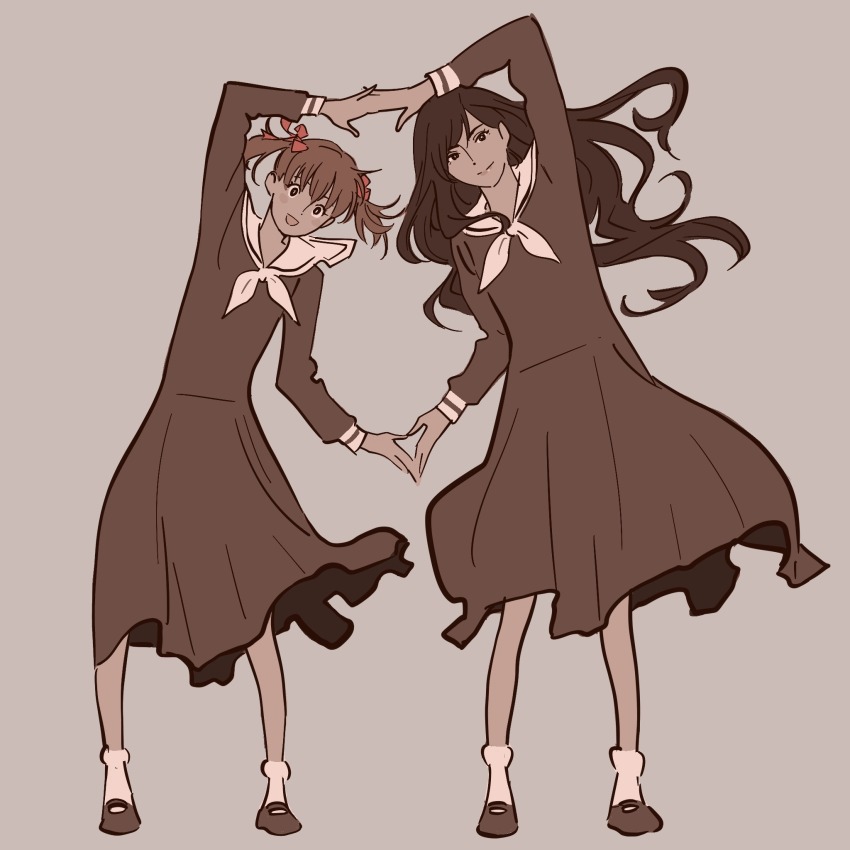 2girls 55bata6rou arm_up black_hair brown_eyes brown_hair brown_serafuku brown_shirt brown_skirt closed_mouth fukuzawa_yumi full_body grey_background hair_ribbon highres lillian_girls&#039;_academy_school_uniform long_hair long_sleeves looking_at_viewer maria-sama_ga_miteru multiple_girls o_arms ogasawara_sachiko open_mouth pleated_skirt ribbon sailor_collar school_uniform serafuku shirt short_hair simple_background skirt smile standing twintails white_sailor_collar