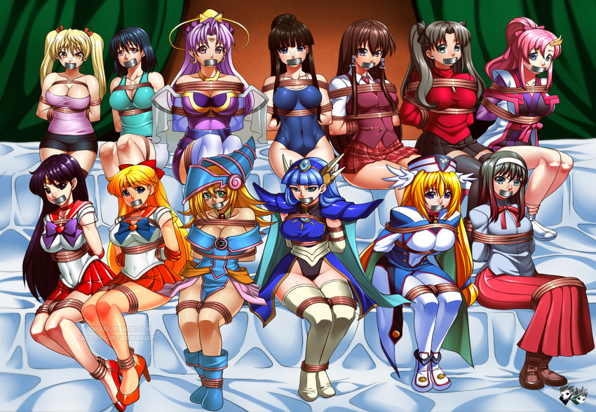 6+girls aino_minako ankle_boots arms_behind_back bare_shoulders bishoujo_senshi_sailor_moon black_hair black_ribbon blonde_hair blue_dress blue_eyes blue_hair boots bound bound_ankles bound_arms bound_legs bound_wrists bow breasts brown_eyes brown_hair celine_jules choker cleavage collarbone covered_navel dark_magician_girl dress earrings fate/stay_night fate_(series) female_focus gag gagged green_eyes groin gundam hair_between_eyes hair_bow hair_ornament hair_ribbon hairband hat high_heels hino_rei improvised_gag indoors jadenkaiba jewelry lacus_clyne large_breasts legs_together long_hair long_skirt looking_at_viewer magic_knight_rayearth magical_girl mahou_sensei_negima! miniskirt mobile_suit_gundam multiple_girls off-shoulder_dress off_shoulder one-piece_swimsuit ookouchi_akira pencil_skirt pink_hair plaid_clothes plaid_skirt pleated_skirt ponytail purple_eyes purple_hair red_bow red_ribbon restrained ribbon ryuuzaki_umi sailor_mars sailor_senshi_uniform sailor_venus sawachika_eri school_rumble school_swimsuit school_uniform serafuku shiny_clothes shiny_skin shoes sitting skirt star_ocean_ex star_ocean_the_second_story strapless swimsuit tape tape_gag tatsumiya_mana thighhighs tiara tohno_akiha tohsaka_rin tsukamoto_yakumo tsukihime tube_top twintails ufo_princess_valkyrie valkyrie_(ufo_princess_valkyrie) white_hairband x_hair_ornament yu-gi-oh!