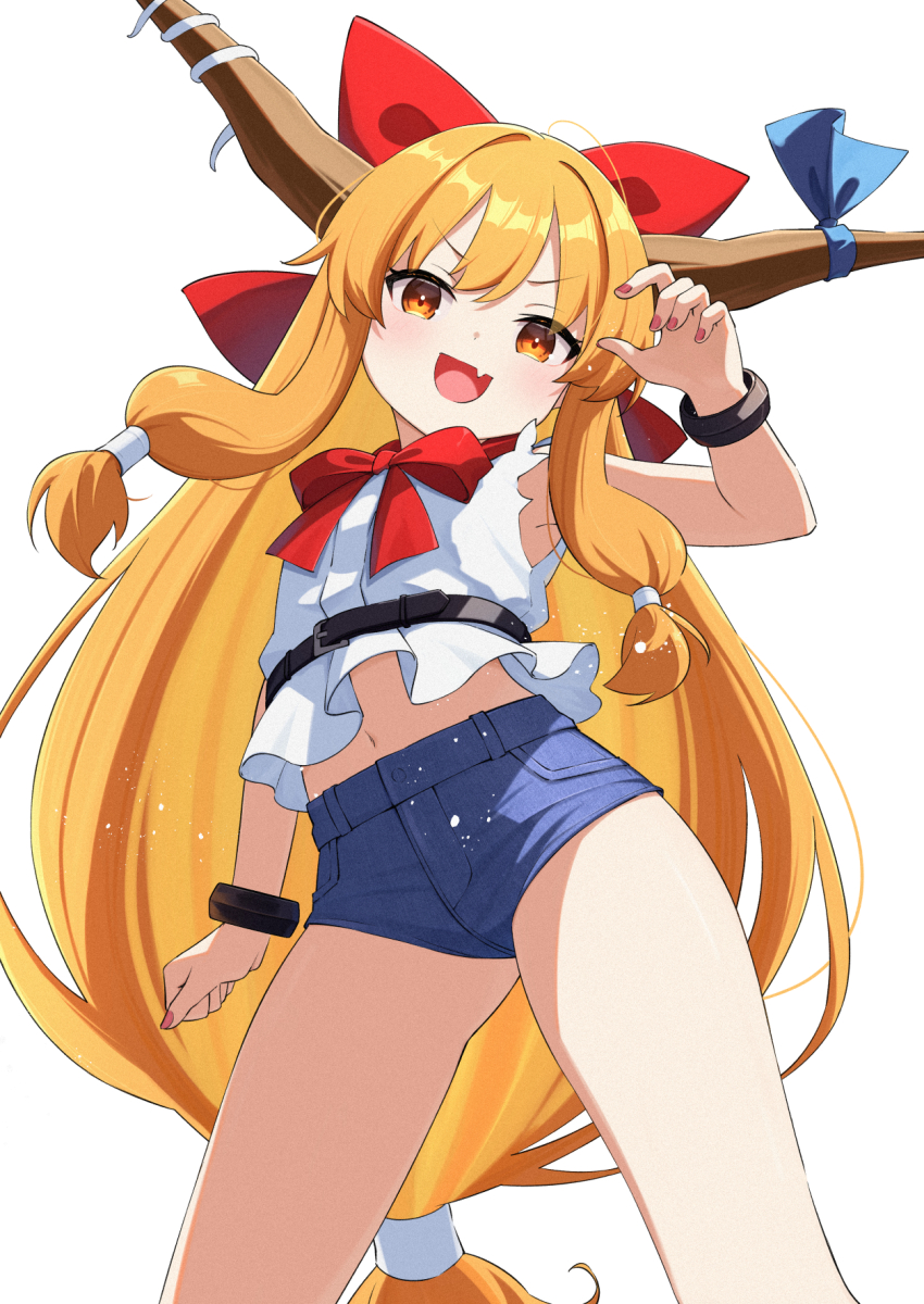 1girl :d blue_shorts blush bow bowtie commentary_request cowboy_shot fang flat_chest hair_bow highres horn_bow horn_ornament horns ibuki_suika long_hair looking_at_viewer low-tied_long_hair navel oeyama open_mouth orange_eyes orange_hair red_bow red_bowtie shirt short_shorts shorts sidelocks simple_background skin_fang sleeveless sleeveless_shirt smile solo touhou v-shaped_eyebrows very_long_hair white_background white_shirt