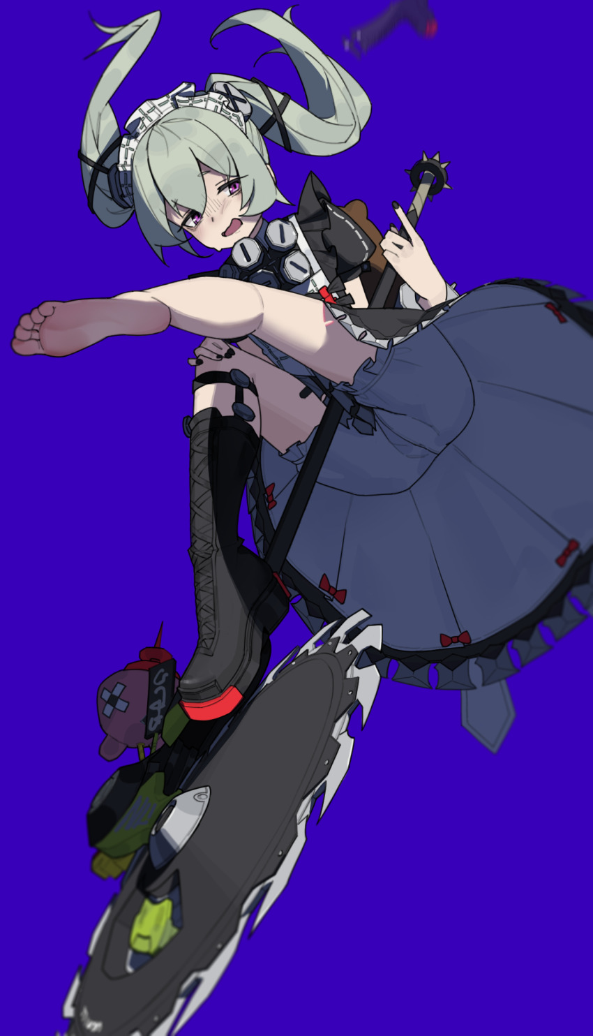 bloomers blue_background boots circular_saw corin_wickes feet floating_hair green_hair hair_between_eyes highres holding holding_weapon long_hair looking_at_viewer maid maid_headdress open_mouth purple_eyes saw shulanshu single_bare_foot single_boot soles twintails underwear unworn_footwear upskirt weapon zenless_zone_zero