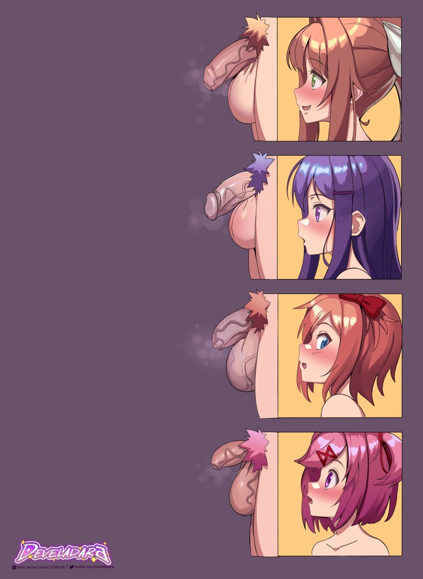 4futa absurdres artist_name blue_eyes blush bow brown_hair develadara doki_doki_literature_club female_pubic_hair flaccid foreskin futanari green_eyes hair_bow hair_ornament hairclip highres long_hair monika_(doki_doki_literature_club) multiple_futa natsuki_(doki_doki_literature_club) open_mouth penis penis_chart phimosis pink_eyes pink_hair pubic_hair purple_eyes red_bow sayori_(doki_doki_literature_club) short_hair small_penis smile testicles uncensored veins veiny_penis veiny_testicles yuri_(doki_doki_literature_club)