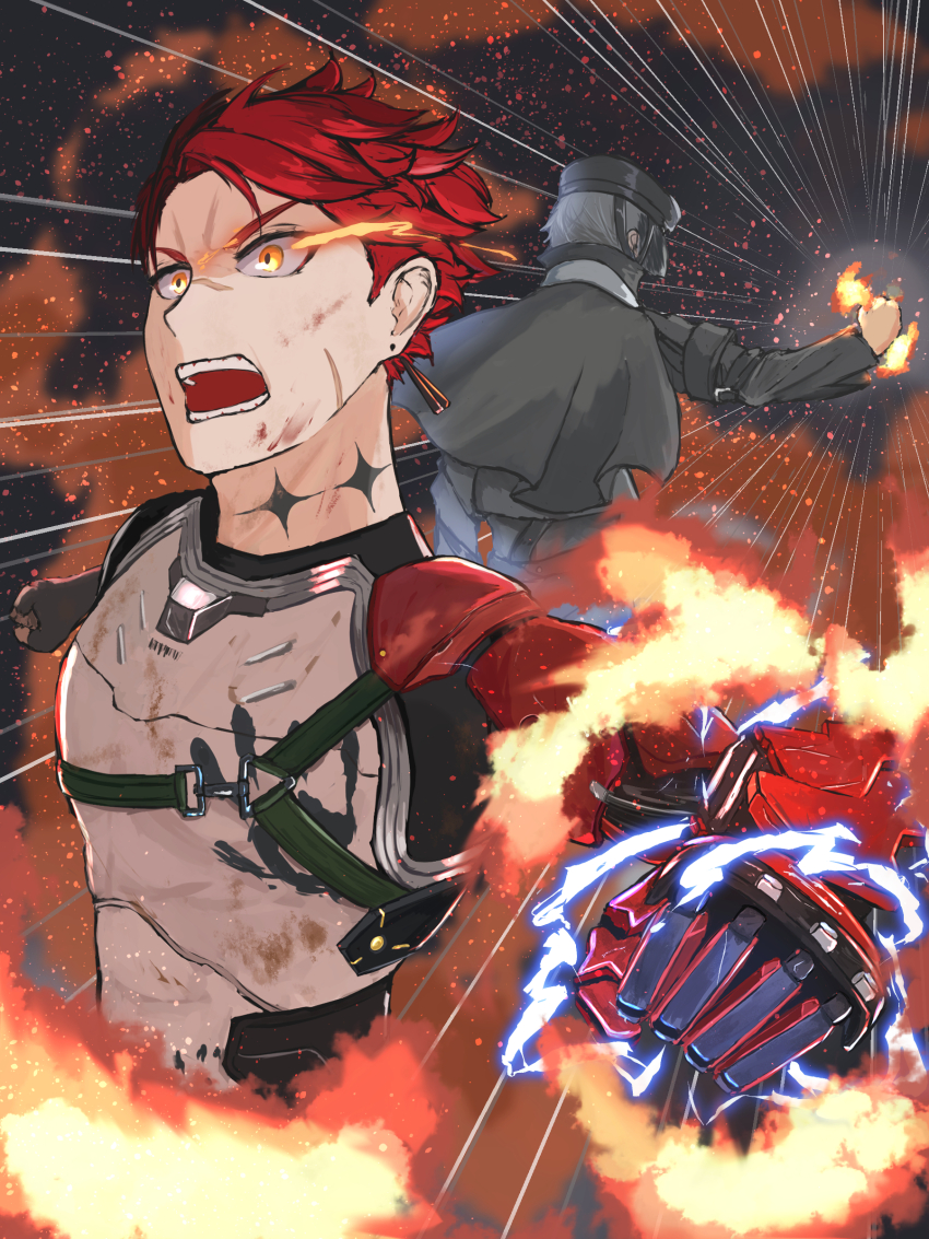 1boy 1other absurdres black_cape black_headwear black_jacket bodysuit cape commandant_(pgr) cross_tattoo earrings facial_scar grey_hair highres jacket jewelry long_sleeves mechanical_arms neck_tattoo noctis_(pgr) open_mouth orange_eyes punishing:_gray_raven red_hair scar scar_on_cheek scar_on_face scar_on_nose short_cape short_hair single_mechanical_arm tattoo