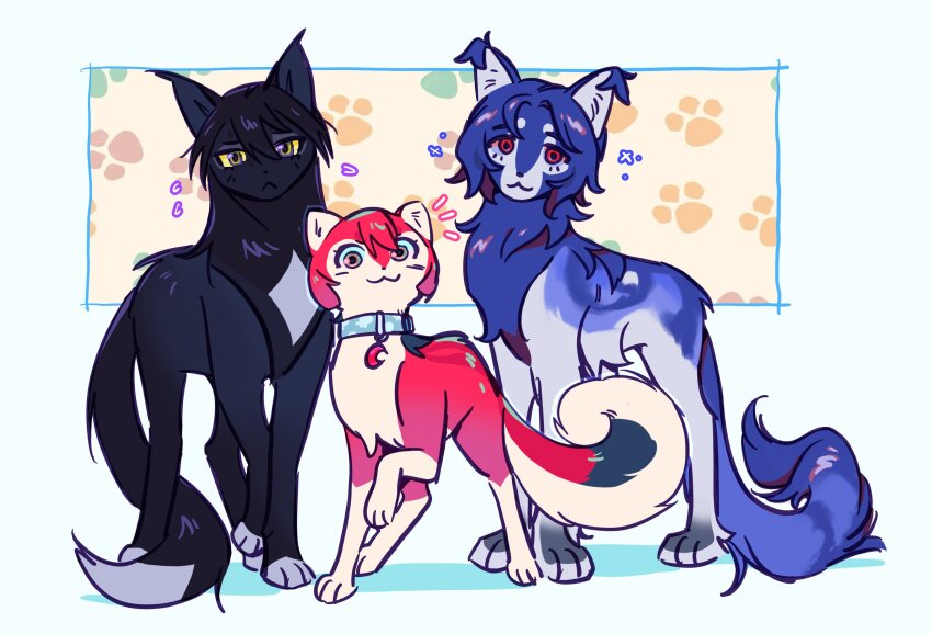 1boy 2girls amate_yuzuriha animification black_cat blue_cat cat collar commentary crossover emphasis_lines english_commentary gundam gundam_gquuuuuux highres looking_at_viewer multiple_girls nyaan_(gundam_gquuuuuux) red_cat red_eyes shuji_ito tanukimo_imo warrior_cats yellow_eyes