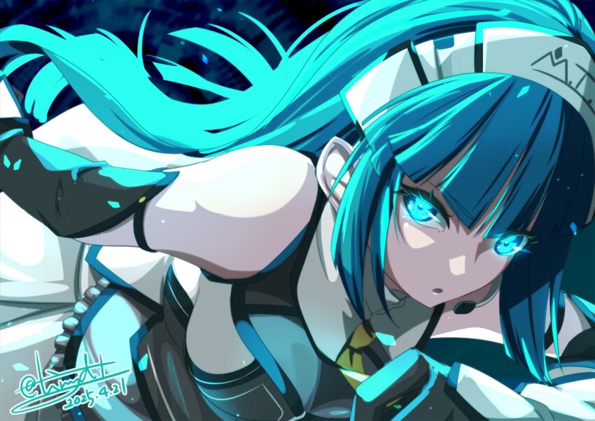 1girl blue_eyes blue_hair blunt_bangs breasts dated eiyuu_densetsu floating_hair glowing glowing_eyes headset hime_cut kai_no_kiseki kuro_no_kiseki_(series) long_hair maid maid_headdress necktie risette_twinings sideboob signature solo tinybiard twitter_username yellow_necktie