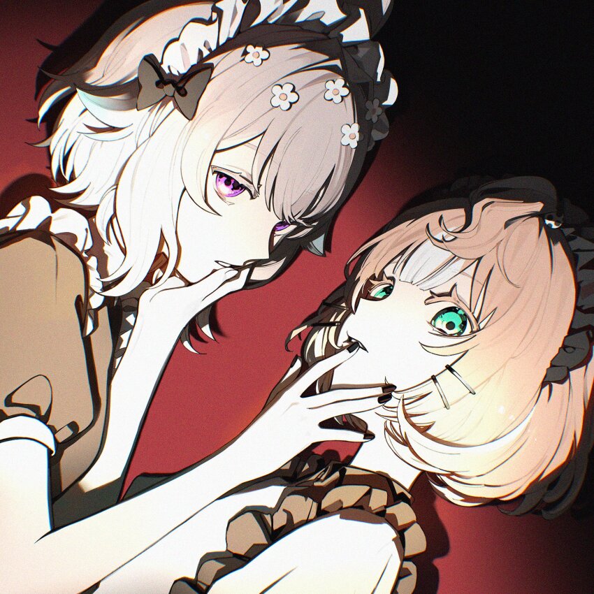 2girls black_bow black_dress black_nails blonde_hair bow colored_tips dress enna_alouette flower frilled_dress frills green_eyes grey_hair hair_between_eyes hair_flower hair_ornament hand_on_another&#039;s_mouth highres identity_(vocaloid) looking_at_viewer maid_headdress millie_parfait moonie multicolored_hair multiple_girls nail_polish nijisanji nijisanji_en puffy_short_sleeves puffy_sleeves purple_eyes red_background short_hair short_sleeves virtual_youtuber white_dress white_flower white_nails
