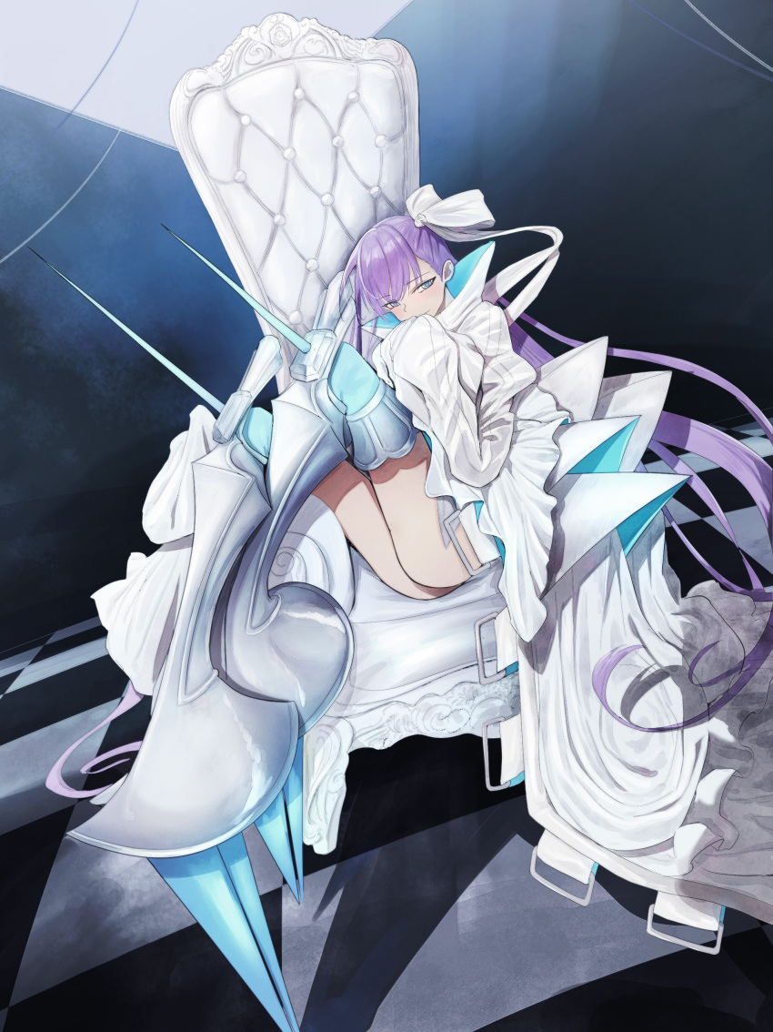 1girl absurdres blue_eyes checkered_floor coat fate/grand_order fate_(series) high_collar highres knee_spikes long_hair meltryllis_(fate) meltryllis_(third_ascension)_(fate) prosthesis prosthetic_leg purple_hair sleeves_past_fingers sleeves_past_wrists tatara_katsusan very_long_hair white_coat