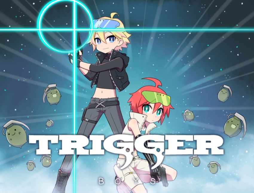 2boys ahoge alpha_omega_nova april_fools aqua_eyes blonde_hair blue_background blue_eyes crop_top cropped_jacket diffraction_spikes eyewear_on_head frag_(trigger) genderswap genderswap_(ftm) holster logo luluco male_focus midriff mt.somo multicolored_hair multiple_boys parody red_hair safety_glasses shirt spoilers squatting streaked_hair striped_clothes striped_shirt thigh_holster trigger-chan trigger_(company) uchuu_patrol_luluco vest
