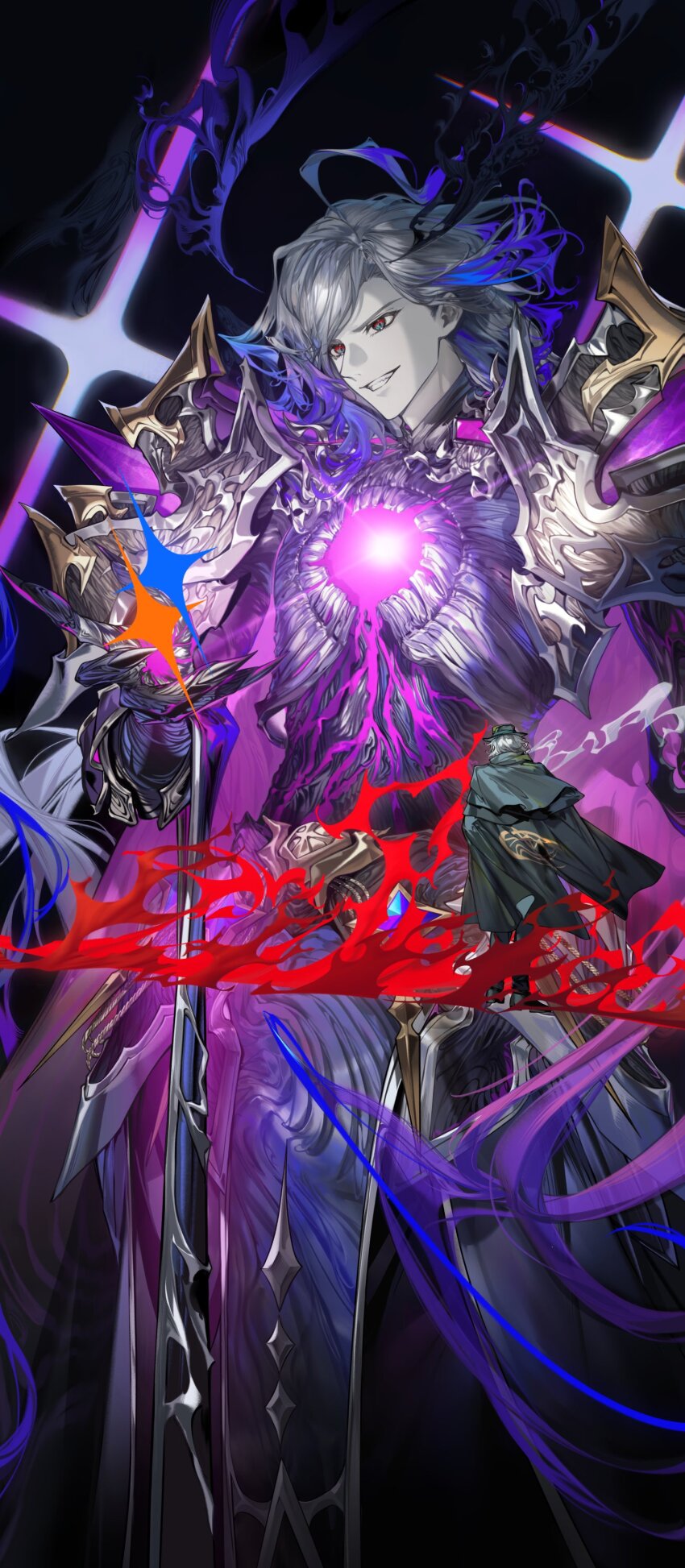 2boys absurdres arlizi armor black_armor black_fire cloak dual_persona edmond_dantes_(fate) fate/grand_order fate_(series) fedora fire glowing gradient_hair green_cloak green_eyes grey_hair hat highres long_hair male_focus multicolored_eyes multicolored_hair multiple_boys pauldrons purple_fire purple_hair red_eyes shoulder_armor smile solo the_count_of_monte_cristo_(fate) the_count_of_monte_cristo_(third_ascension)_(fate) two-tone_eyes very_long_hair