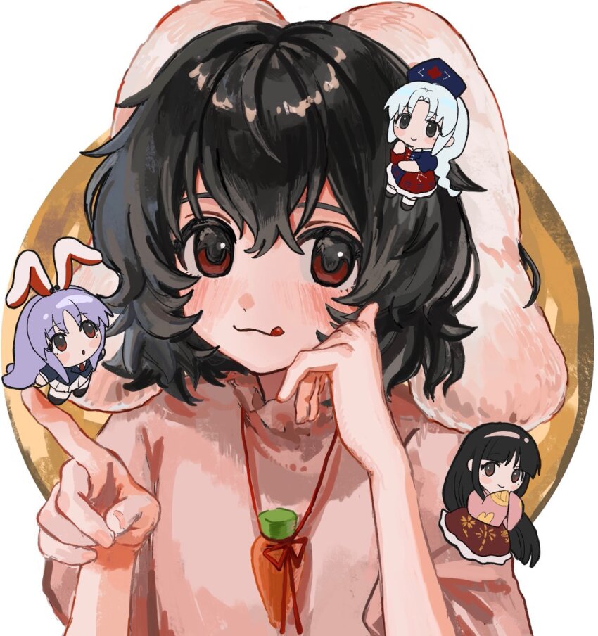 4girls animal_ears b_nosk101 black_hair black_jacket blush brown_eyes chibi dress grey_eyes hair_between_eyes hat highres houraisan_kaguya inaba_tewi jacket long_hair looking_at_viewer medium_hair multiple_girls nurse_cap pink_dress pink_shirt purple_hair rabbit_ears rabbit_girl red_eyes red_skirt reisen_udongein_inaba shirt skirt smile tongue tongue_out touhou upper_body very_long_hair white_hair white_skirt yagokoro_eirin