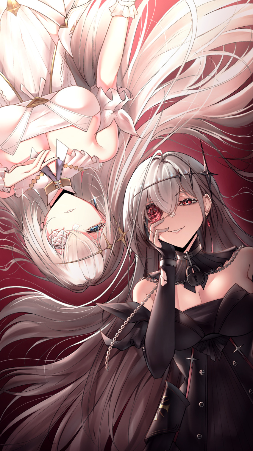 2girls absurdres animal_ears azur_lane bare_shoulders black_dress black_vs_white blue_eyes blue_gemstone breasts chain choker cleavage collar commentary contrast cross cross_choker crossed_bangs dress dual_persona emden_(azur_lane) english_commentary flower flower_eyepatch flower_over_eye frilled_collar frilled_wrist_cuffs frills gem gloves grin hair_ornament hand_on_own_face highres jewelry large_breasts lock long_hair looking_at_viewer multiple_girls open_mouth padlock padlocked_collar red_background red_eyes red_flower red_gemstone red_rose rose short_sleeves simple_background smile sparkle torn_clothes torn_gloves upside-down very_long_hair white_dress white_flower white_hair white_rose white_wrist_cuffs wrist_cuffs xuwasoo