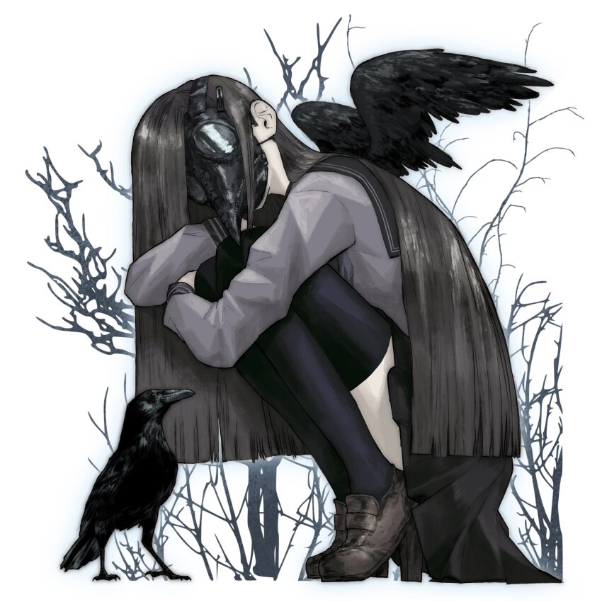 1girl bare_tree bird black_hair black_sailor_collar black_shoes black_skirt black_thighhighs blunt_ends crow grey_shirt head_tilt high_heels highres long_hair long_sleeves machipachi1901 original plague_doctor_mask pleated_skirt sailor_collar shirt shoes sidelocks skirt solo squatting thighhighs tree very_long_hair