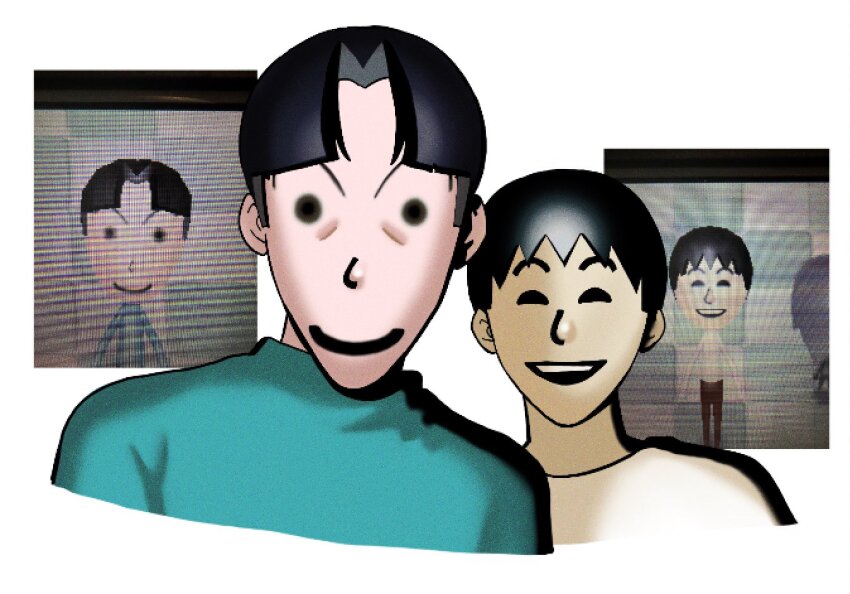 2boys ^_^ black_hair blue_sweater closed_eyes closed_mouth commentary cropped_torso curtained_hair facing_viewer long_face looking_at_viewer male_focus mii_(nintendo) multiple_boys nintendo open_mouth original photo_inset reference_inset shirt short_hair smile solid_circle_eyes sweater takushi_(taxi739) white_shirt