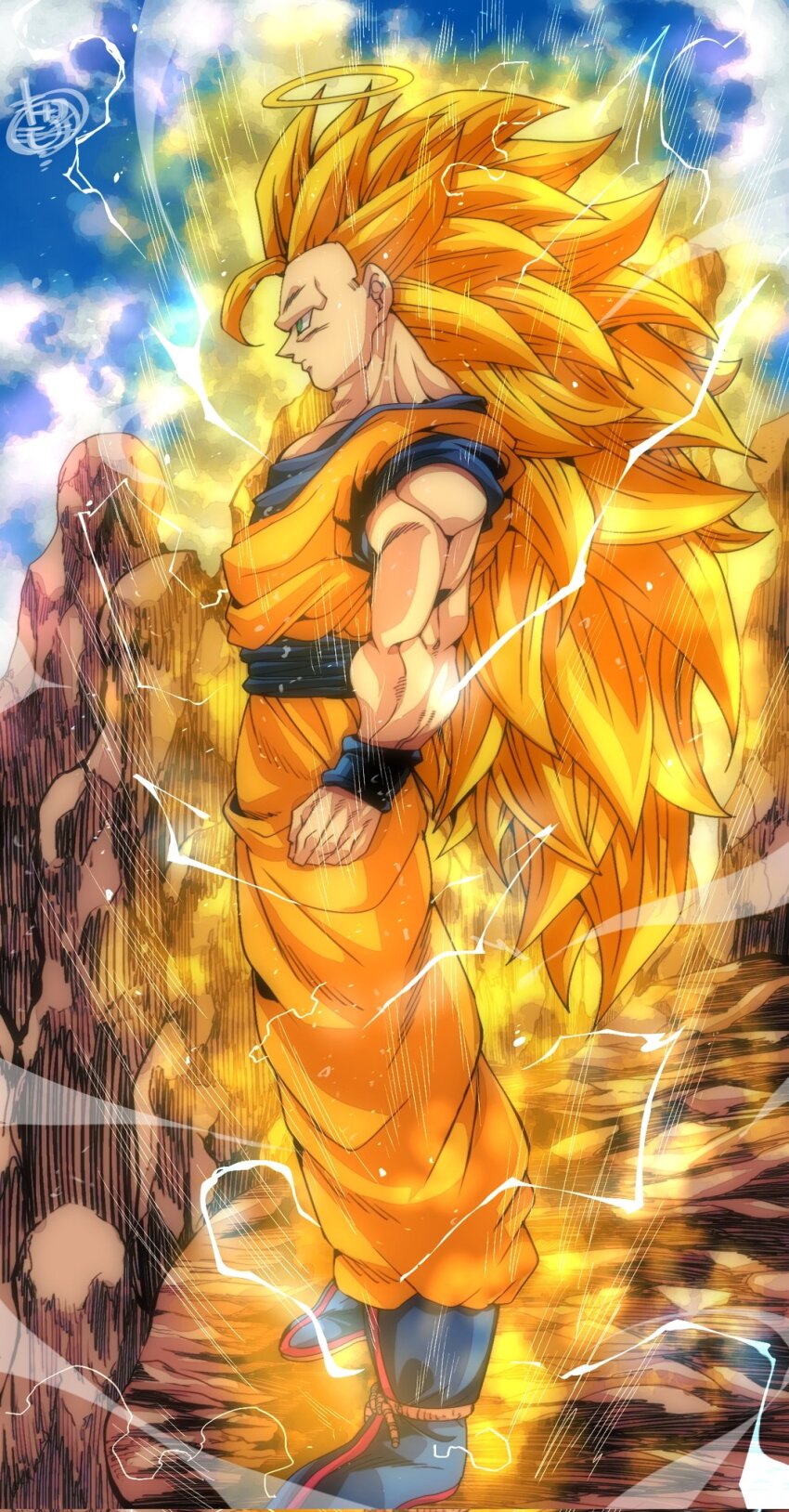 1boy aura blonde_hair blue_boots blue_sash blue_shirt blue_wrist_cuffs boots dougi dragon_ball dragonball_z electricity from_side green_eyes halo highres kinakomochi_(user_vedc2333) long_hair male_focus no_eyebrows orange_pants orange_shirt outdoors pants profile sash sharp_teeth shirt solo son_goku super_saiyan super_saiyan_3 teeth wrist_cuffs