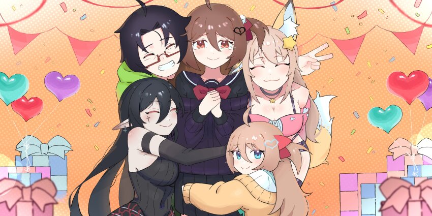 absurdres ahoge animal_ears annytf balloon black_choker black_dress black_hair black_shirt black_shorts black_skirt blue_eyes blue_sailor_collar bow bowtie breasts broken_heart broken_heart_hair_ornament brown_eyes brown_hair cardigan choker cleavage closed_eyes closed_mouth commentary confetti crop_top crop_top_overhang dress english_commentary evil_neuro-sama fox_ears fox_girl fox_tail gift glasses grin hair_between_eyes hair_ornament hair_ribbon heart heart_balloon heart_hair_ornament highres hug indie_virtual_youtuber large_breasts layna_lazar looking_at_viewer mr._fish neuro-sama off-shoulder_shirt off_shoulder orange_background pink_shirt pointy_ears polka_dot polka_dot_background purple_cardigan purple_sailor_collar red_bow red_bowtie red_ribbon ribbon sailor_collar shirt shorts skirt smile tail tearing_up upper_body v vedal987 virtual_youtuber yellow_cardigan