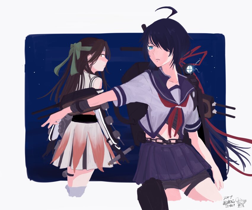 2girls absurdres ahoge black_hair black_sailor_collar black_skirt brown_eyes brown_hair chitosan commentary_request commission cowboy_shot detached_sleeves elbow_gloves forehead_protector gloves hair_ornament hair_over_one_eye hairclip half_updo highres jintsuu_(kancolle) jintsuu_kai_ni_(kancolle) kako_(kancolle) kako_kai_ni_(kancolle) kantai_collection long_hair looking_at_viewer machinery messy_hair multiple_girls neckerchief night night_sky parted_bangs pleated_skirt ponytail red_neckerchief sailor_collar school_uniform serafuku skeb_commission skirt sky white_skirt
