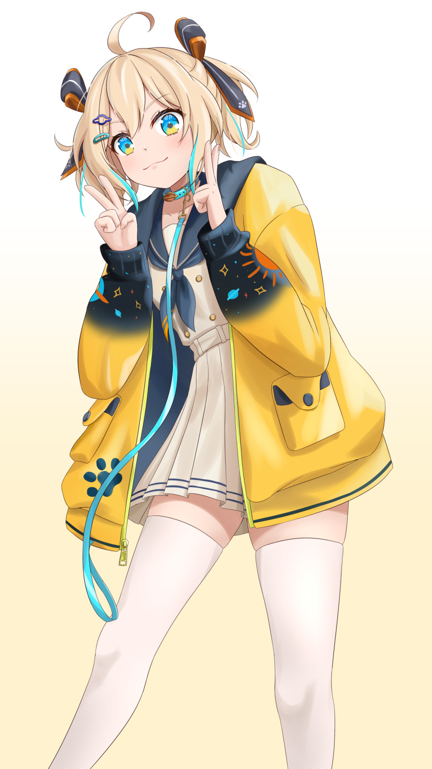 1girl :3 absurdres ahoge animal_collar appare_hinata belt black_bow blonde_hair blue_collar blue_eyes blue_neckerchief blue_sailor_collar bow buttons closed_mouth collar cowboy_shot double-breasted double_v gradient_background hair_bow hair_ornament hairclip hands_up high-waist_skirt highres jacket leash legs_apart long_sleeves miniskirt multicolored_eyes neckerchief open_clothes open_jacket paw_print paw_print_pattern phoenix_(hyperion_ps) pleated_skirt pocket sailor_collar sailor_shirt shirt shirt_tucked_in short_hair short_twintails simple_background skirt smile solo sun_print sun_symbol thighhighs twintails two-tone_eyes v virtual_youtuber weather_planet white_belt white_shirt white_skirt white_thighhighs yellow_background yellow_eyes yellow_jacket zettai_ryouiki