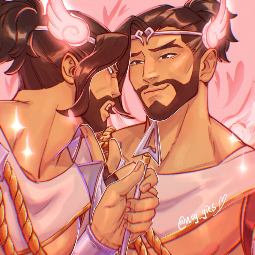 2boys aiming arrow_(projectile) asian bara beard black_hair bow_(weapon) brown_hair clone cupid_hanzo dark-skinned_male dark_skin facial_hair forked_eyebrows glowing hanzo_(overwatch) highres holding holding_arrow male_focus multiple_boys nipples nuggies_(nug_gies) official_alternate_costume overwatch revealing_clothes short_hair smug thick_eyebrows tiara underpec upper_body valentine weapon