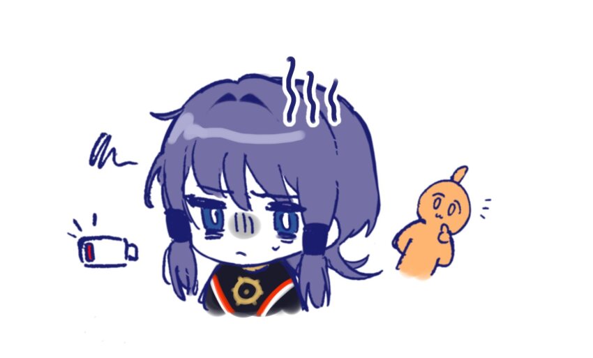2girls :3 ahoge battery_indicator black_bodysuit black_kimono black_sleeves blue_eyes blunt_tresses bodysuit bright_pupils closed_mouth colored_skin genderswap genderswap_(mtf) genshin_impact hair_intakes hair_tubes han&#039;eri index_finger_raised japanese_clothes jewelry kimono layered_kimono looking_at_another looking_past_viewer low_battery_notification mookimoo3 multiple_girls neck_ring notice_lines open_clothes open_kimono partially_shaded_face purple_hair red_kimono scaramouche_(genshin_impact) short_hair tartaglia_(genshin_impact) white_background white_kimono white_pupils white_skin wispy_bangs