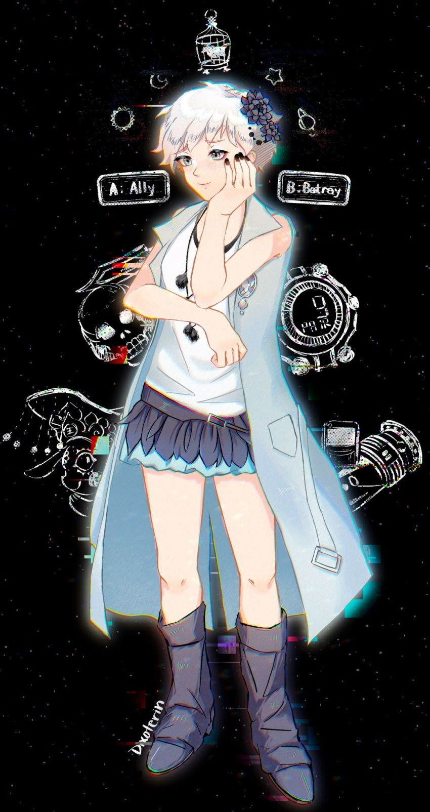 1girl artist_name bird birdcage black_boots black_flower black_nails black_skirt blue_eyes blue_jacket blush boots brooch cage closed_mouth commentary crescent_moon dixoterin english_commentary english_text eyelashes flower full_body glitch hair_flower hair_ornament hand_on_own_face highres jacket jewelry kyokugen_dasshutsu kyokugen_dasshutsu_adv:_zennin_shibou_desu moon nail_polish necklace open_clothes open_jacket phi_(kyokugen_dasshutsu) planet seven-segment_display shirt short_hair skirt skull sleeveless sleeveless_jacket sleeveless_shirt smile standing star_(sky) star_(symbol) sun unworn_wristwatch very_short_hair white_hair white_shirt zero_iii