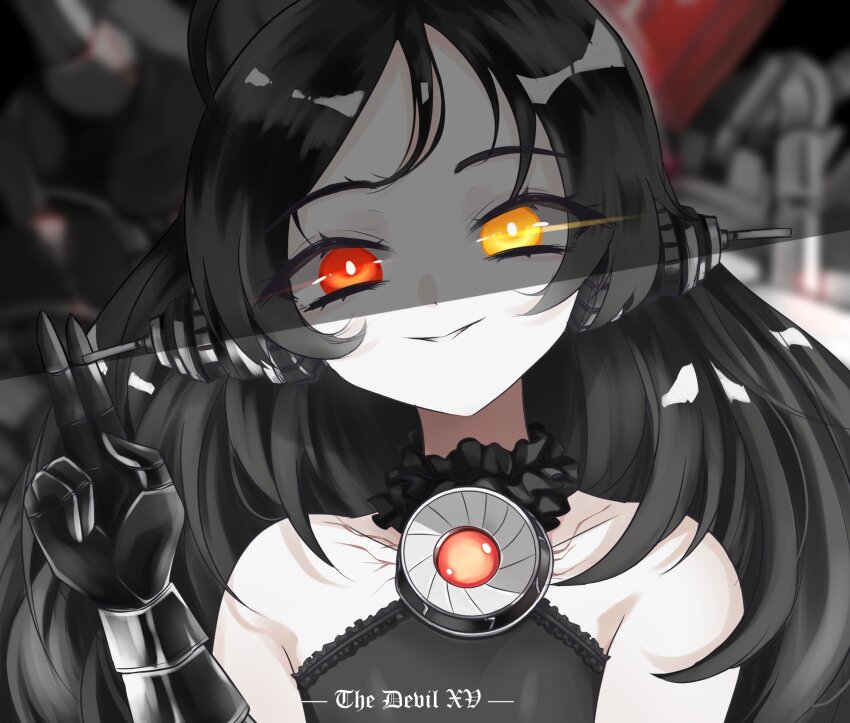 1girl arbiter_the_devil_xv_(azur_lane) azur_lane bare_shoulders black_dress black_gloves black_hair character_name dress evil_smile gloves heterochromia highres long_hair looking_at_viewer parted_lips red_eyes rosen_madchen salute shaded_face siren_(azur_lane) sleeveless sleeveless_dress smile solo two-finger_salute upper_body yellow_eyes