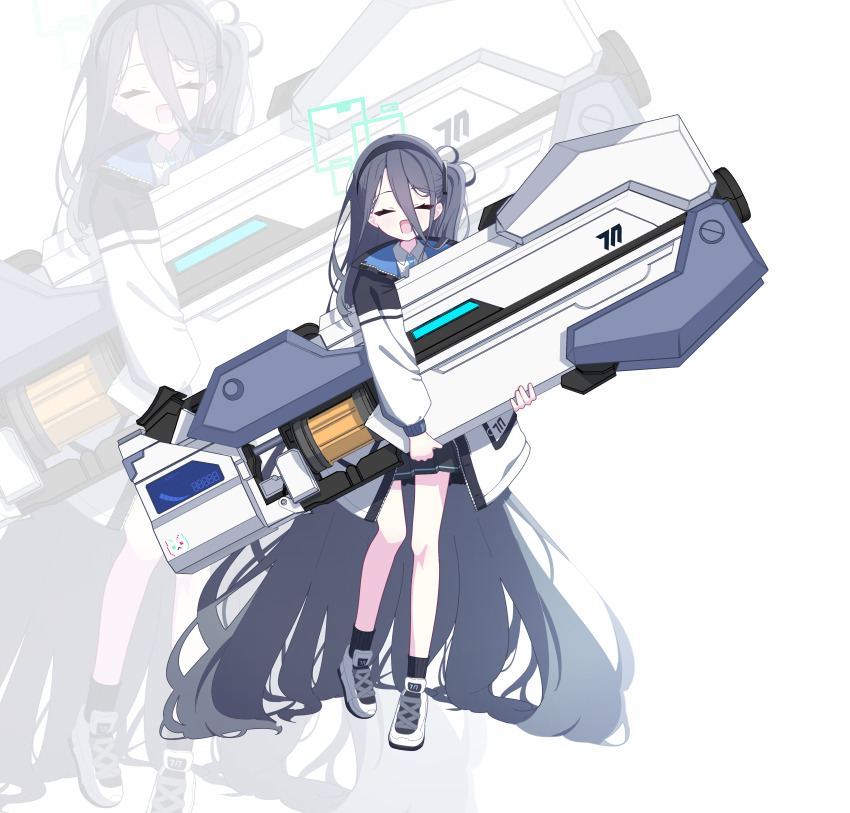 1girl 525_woiwo ^_^ absurdly_long_hair absurdres aris_(blue_archive) black_hair black_skirt black_socks blue_archive closed_eyes commentary facing_viewer full_body gun hair_between_eyes halo highres holding holding_gun holding_weapon hugging_object long_hair long_hair_between_eyes one_side_up railgun shoes skirt smile sneakers socks solo very_long_hair weapon zoom_layer