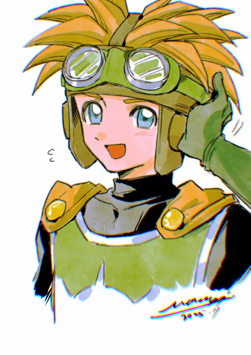 1boy black_bodysuit blonde_hair blue_eyes bodysuit cape dated dragon_quest dragon_quest_ii flying_sweatdrops gloves goggles goggles_on_headwear green_gloves green_tabard hand_on_own_head hashtag-only_commentary highres looking_at_viewer male_focus mouyi open_mouth orange_cape prince_of_samantoria short_hair signature simple_background solo spiked_hair tabard turtleneck turtleneck_bodysuit upper_body white_background