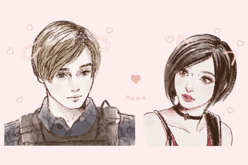 1boy 1girl ada_wong animal_ears bare_shoulders black_choker black_hair blonde_hair blue_shirt bulletproof_vest cat_ears choker collared_shirt dog_ears dress illust2222 leon_s._kennedy light_blush looking_at_another parted_lips pink_background red_dress red_lips resident_evil resident_evil_2 ship_name shirt short_hair sleeveless sleeveless_dress swept_bangs upper_body