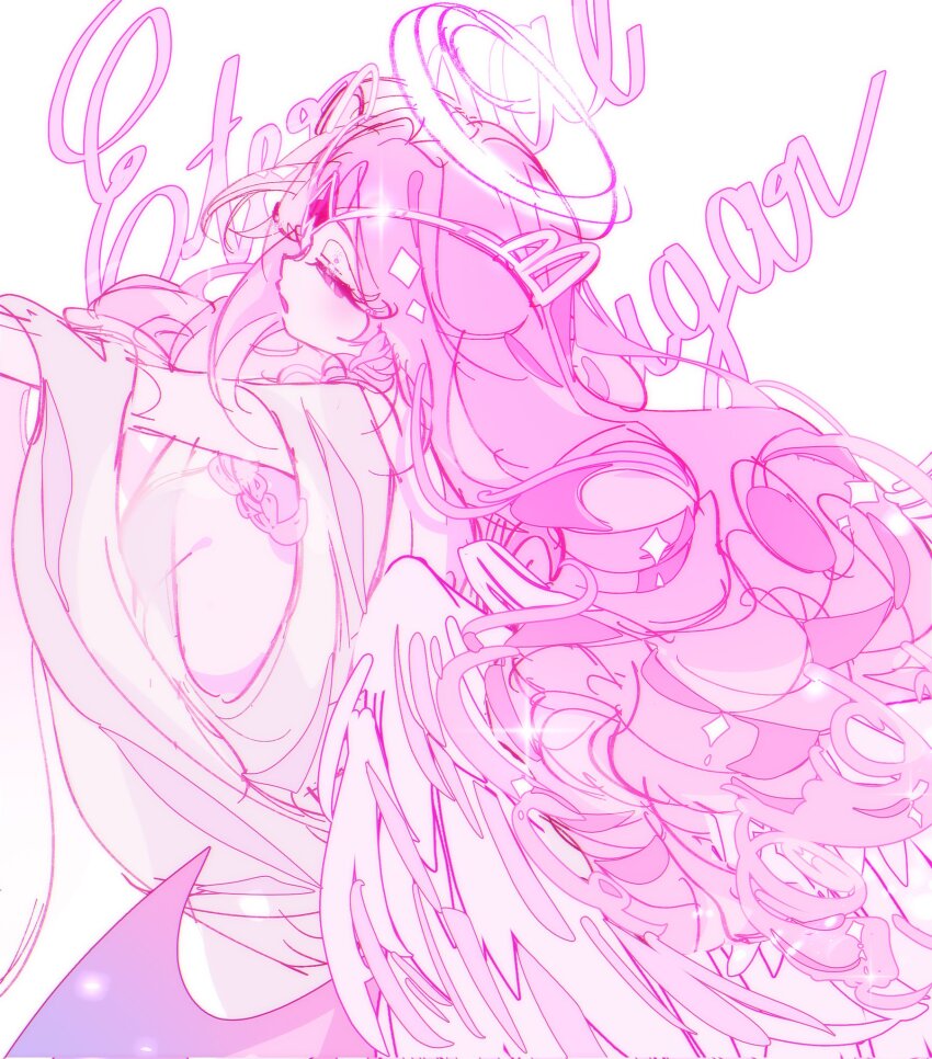 1girl angel angel_wings colored_skin cookie_run cookie_run:_kingdom demon_girl demon_wings dress eternal_sugar_cookie highres kerrolyk long_hair pink_hair pink_skin pink_theme solo very_long_hair white_dress wings