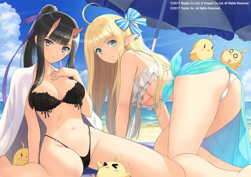 2girls all_fours aqua_eyes ass azur_lane beach bent_over bikini black_hair blonde_hair blue_eyes blunt_bangs breasts centaur_(azur_lane) centaur_(beachside_undine)_(azur_lane) cleavage frilled_bikini frills green_eyes hand_on_own_chest hanging_breasts highleg highleg_bikini horns lace lace-trimmed_bikini lace_trim large_breasts looking_at_viewer multiple_girls navel pointy_ears ponytail ryuuhou_(azur_lane) ryuuhou_(queen_of_whales)_(azur_lane) skirt smile spread_legs string_bikini swimsuit thighs tony_taka underboob